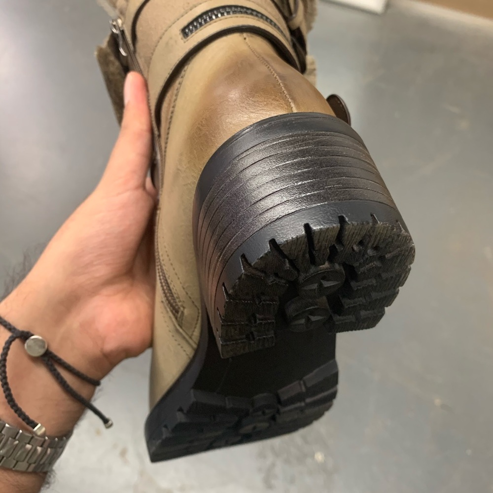 Women’s Faux Fur Lined Zipper and Buckle Detail Boots in Beige Faux Leather - Picture 13 of 16